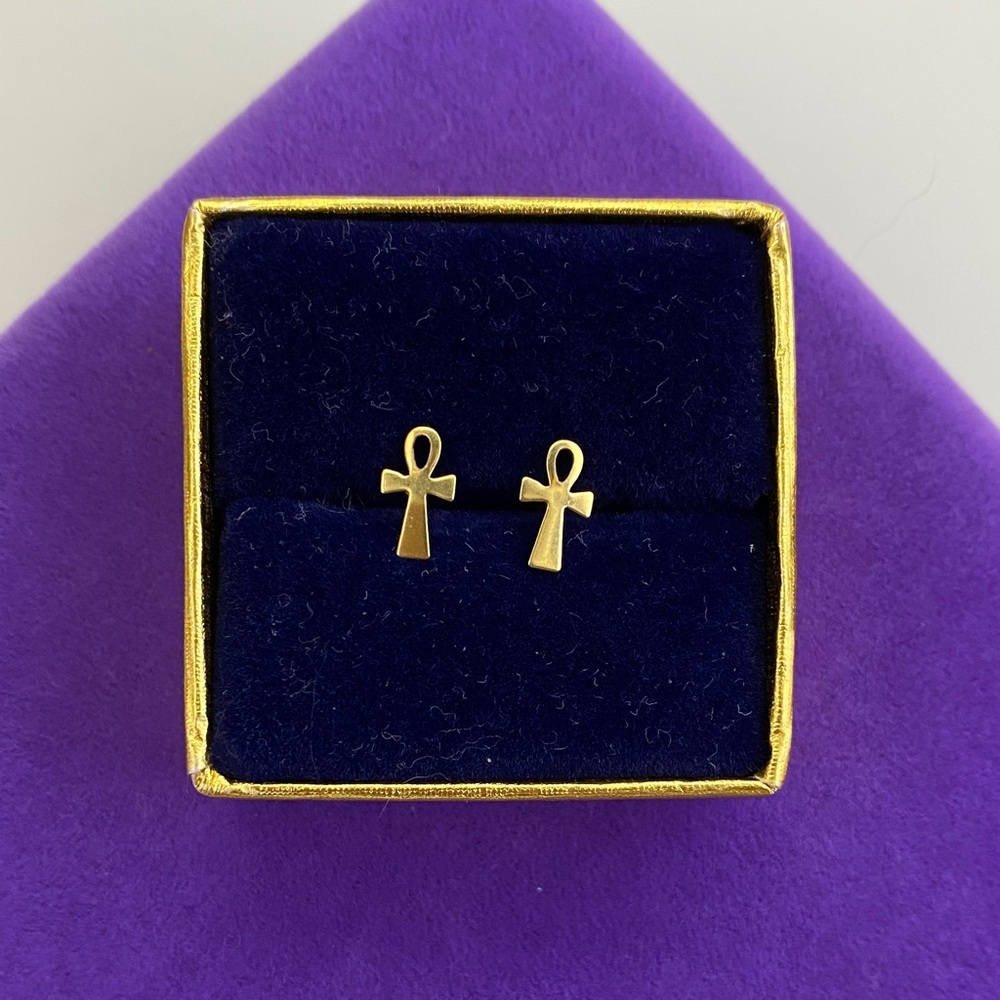 💛 Vintage Gold Plated Ankh Stud Earrings | Egyptian Symbol Dainty Minimal